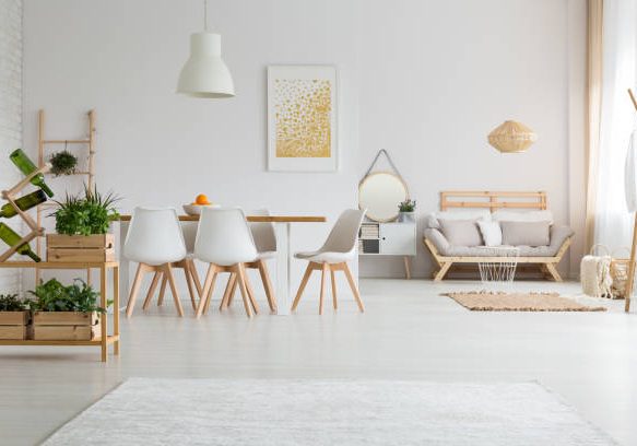 White trendy apartment with modern dining room